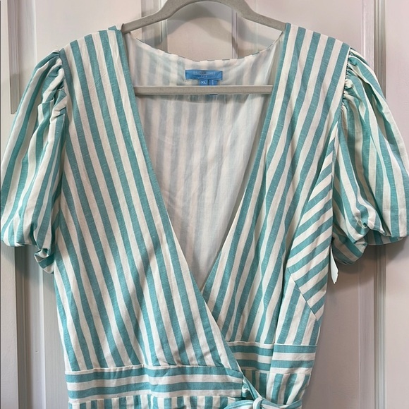 NWT Draper James Teal and White Puff Sleeve True Wrap Linen Mini Dress - Size XL - Picture 4 of 16